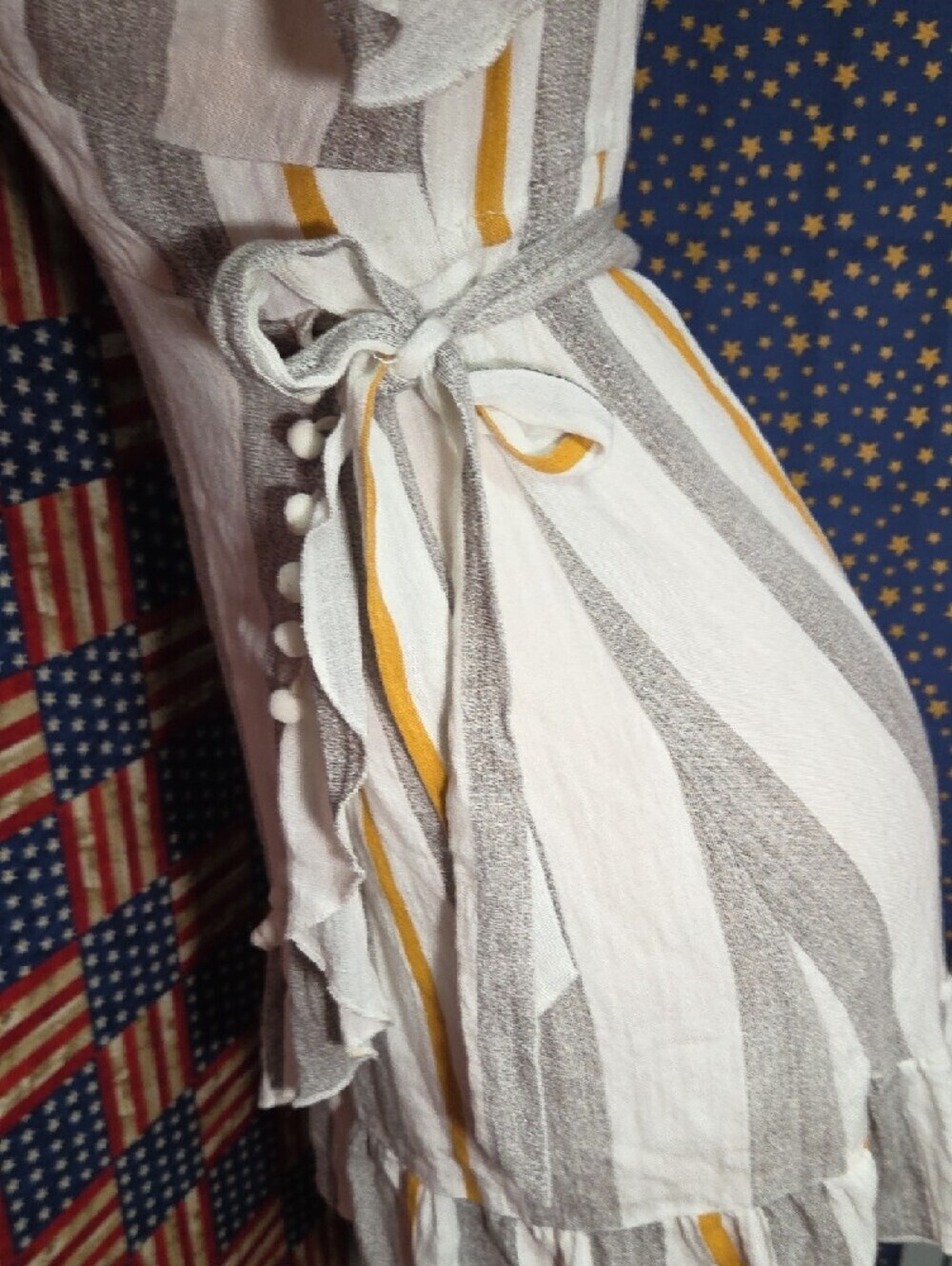 Simplee Apparel White, Gray & Mustard Striped Wrap Mini Dress - Picture 5 of 9